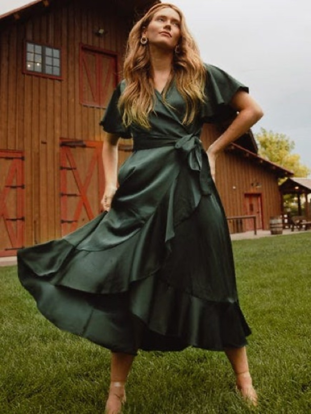 Elegant Green Silk Wrap Midi Dress with Tie Waist